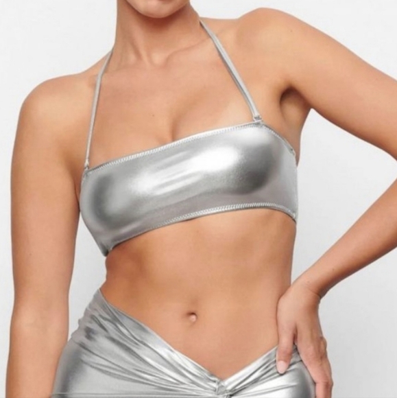 Skims Swim Metallic Bandeau bikini top Nickel